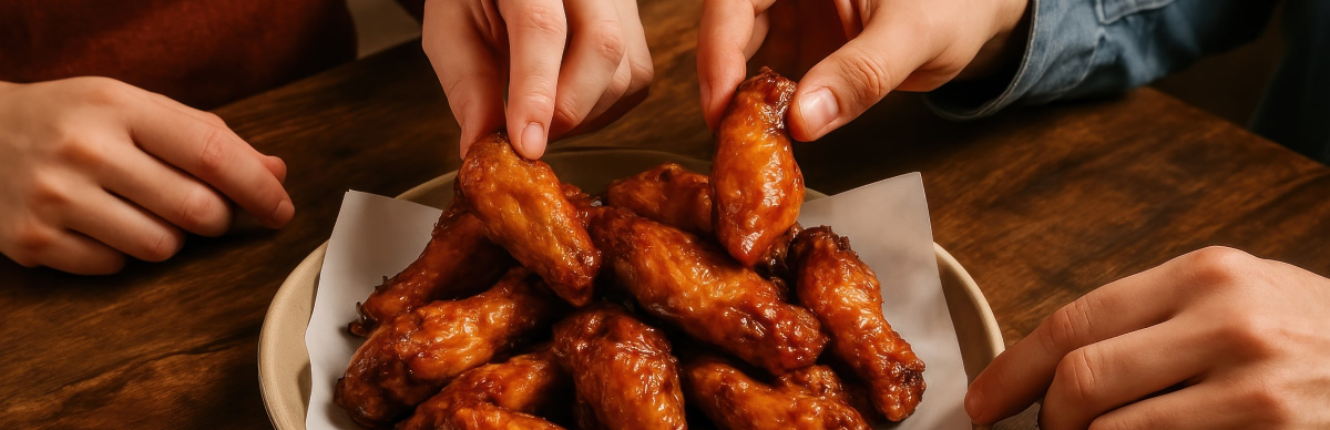 Personas comiento Alitas de Pollo BBQ Friko